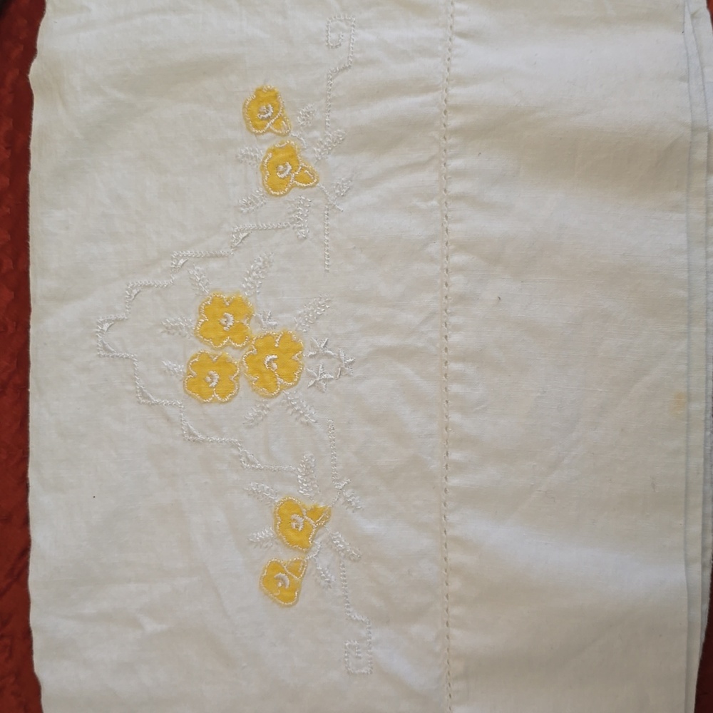 Vintage Pillowcase w/ embroidered stitching & flowers - 19" × 31"